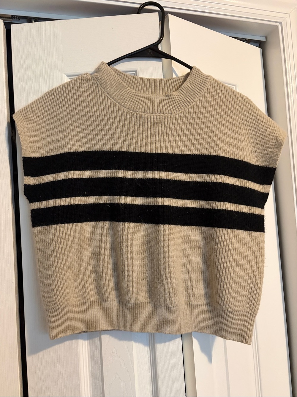Beige and Black Striped Knit Sweater Vest